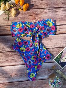 印花前打結抹胸比基尼泳裝 - 寶藍色 - 查看 8