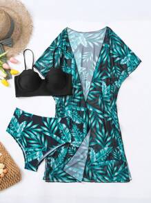 SHEIN Swim Conjunto de bikini de 3 piezas con estampado tropical, sujetador con relleno y kimono, para playa de verano