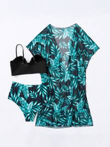 SHEIN Swim Conjunto de bikini de 3 piezas con estampado tropical, sujetador con relleno y kimono, para playa de verano