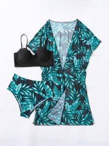 SHEIN Swim Conjunto de bikini de 3 piezas con estampado tropical, sujetador con relleno y kimono, para playa de verano