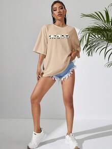 SHEIN EZwear 卡通羊圖案落肩T恤 - 杏色 - 查看 3