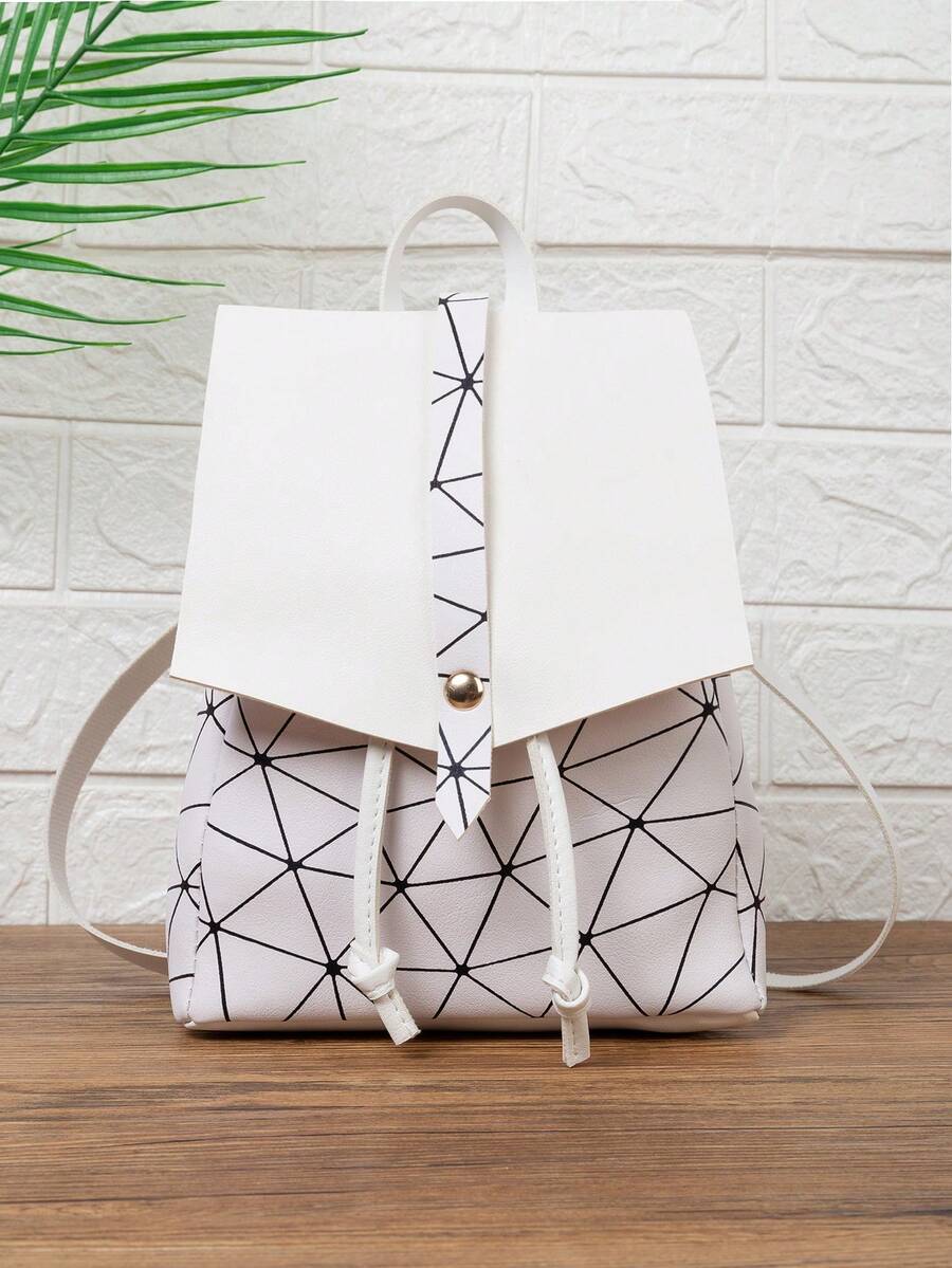 迷你幾何圖案抽繩翻蓋背包PU皮革時尚,完美辦公,旅行,女士變色和鐳射包 - 白色 - 查看 1