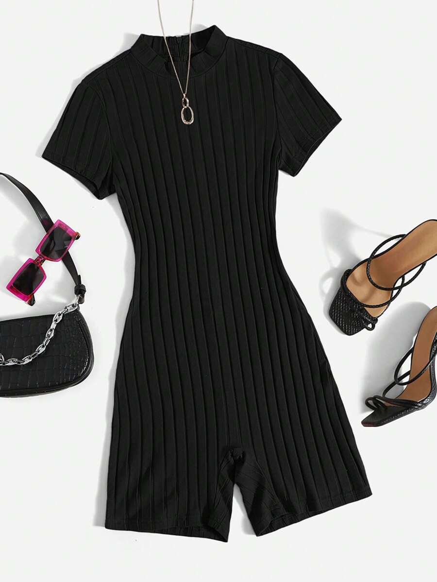 SHEIN EZwear Plus Mock Neck Ribbed Knit Romper - Black - View 1