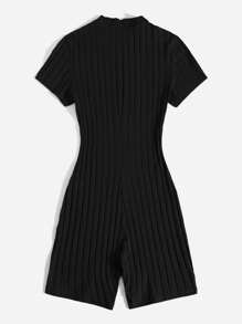 SHEIN EZwear Plus Mock Neck Ribbed Knit Romper - Black - View 2