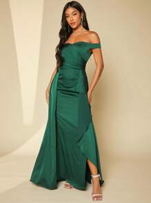 SHEIN Belle Off Shoulder Ruched Wrap Hem Dress - Dark Green - View 1