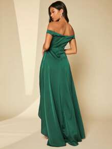 SHEIN Belle Off Shoulder Ruched Wrap Hem Dress - Dark Green - View 2