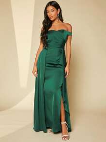 SHEIN Belle Off Shoulder Ruched Wrap Hem Dress - Dark Green - View 3