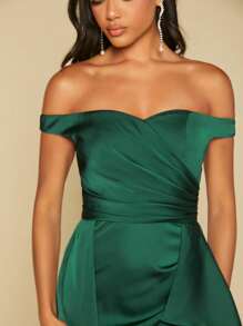 SHEIN Belle Off Shoulder Ruched Wrap Hem Dress - Dark Green - View 5