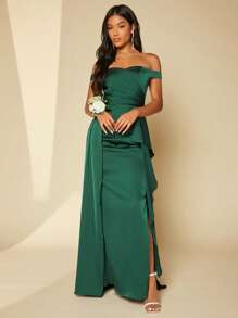 SHEIN Belle Off Shoulder Ruched Wrap Hem Dress - Dark Green - View 6