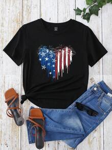 SHEIN LUNE Bandera & con estampado de corazón de cuello redondo Camiseta - Negro - Ver 1