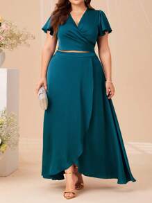 SHEIN Belle 大碼蝴蝶袖短款上衣和裹身半身裙 - 水鴨藍 - 查看 3