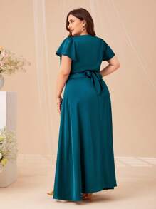 SHEIN Belle 大碼蝴蝶袖短款上衣和裹身半身裙 - 水鴨藍 - 查看 4