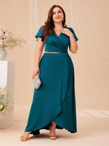 SHEIN Belle 大碼蝴蝶袖短款上衣和裹身半身裙 - 水鴨藍 - 查看 2