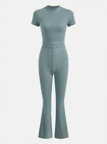 SHEIN 青少年女孩小高領T恤和喇叭褲 - 薄荷綠 - 查看 1