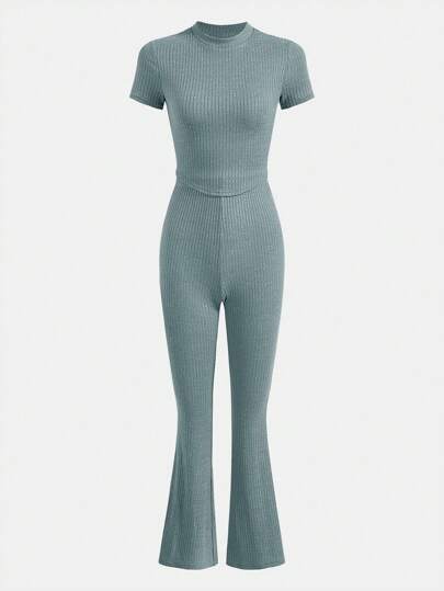 SHEIN 青少年女孩小高領T恤和喇叭褲