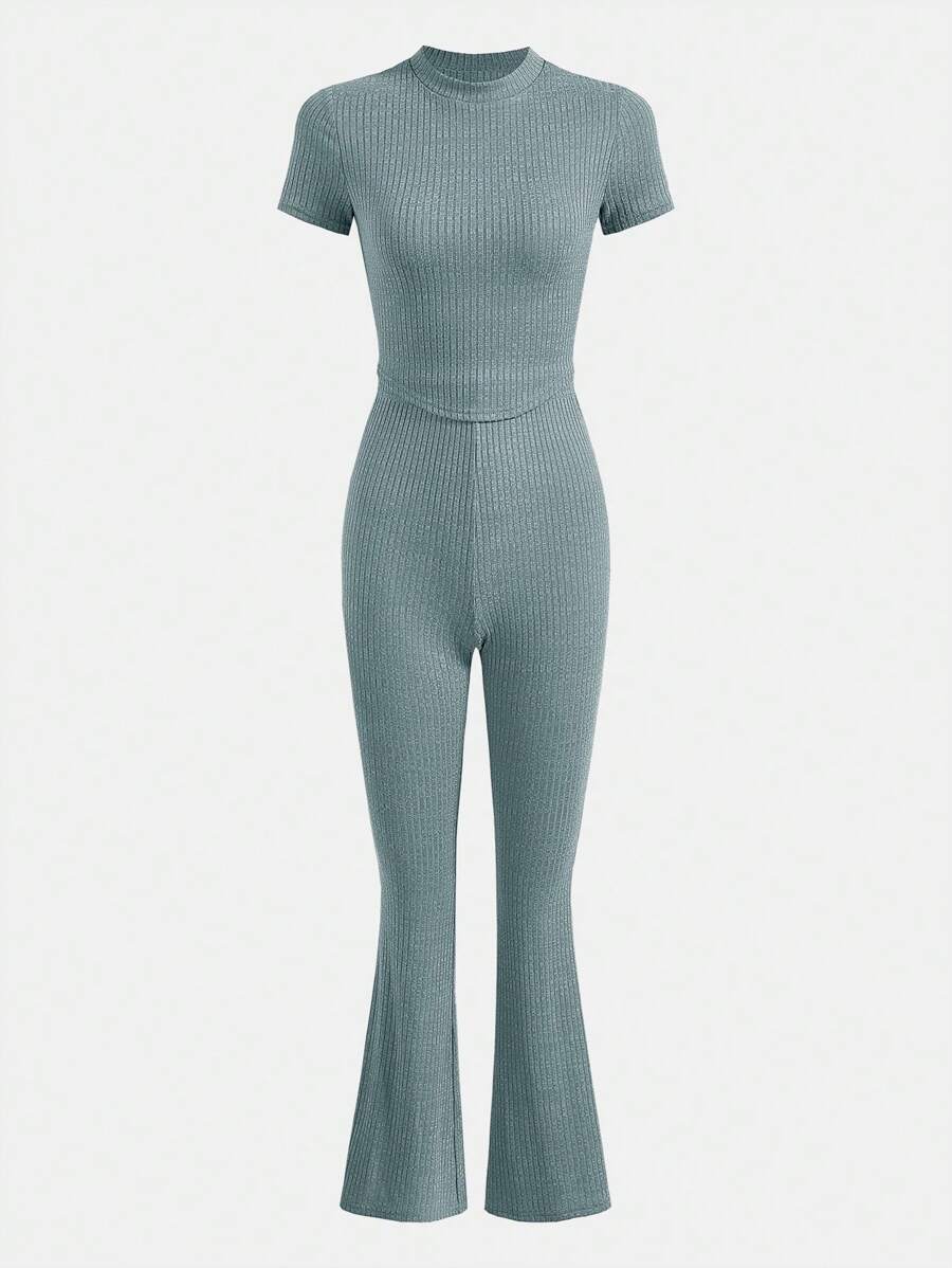 SHEIN 青少年女孩小高領T恤和喇叭褲 - 薄荷綠 - 查看 1