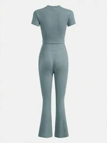 SHEIN 青少年女孩小高領T恤和喇叭褲 - 薄荷綠 - 查看 2