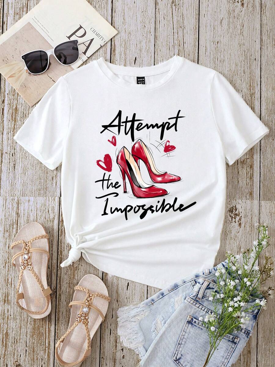 SHEIN LUNE Áo thun nữ Tim Slogan Giải trí - trắng - Xem 1