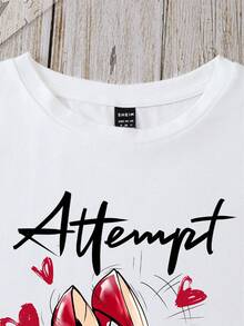 SHEIN LUNE Áo thun nữ Tim Slogan Giải trí - trắng - Xem 6