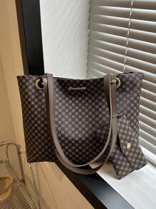 Bolsa Tote de Ombro com Bolsa de Moedas Padronagem Geométrica, Bolsa Feminina Elegante Estilo Dinheiro Antigo em