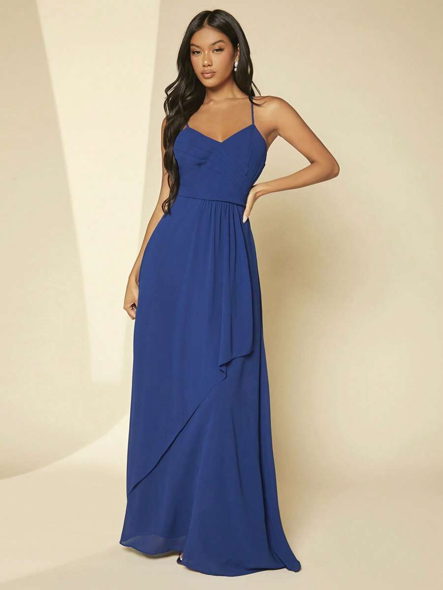 SHEIN Belle 素色褶邊緊身上衣吊帶裙伴娘禮服 - 藍色 - 查看 1