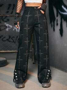 ROMWE Grunge Punk Cross Print Button Hem Wide Leg Jeans - Black - View 1