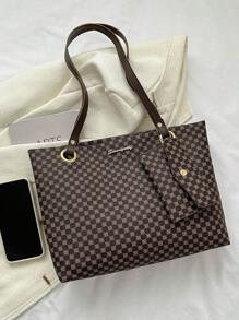Bolsa Tote de Ombro com Bolsa de Moedas Padronagem Geométrica, Bolsa Feminina Elegante Estilo Dinheiro Antigo em