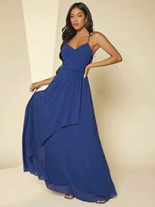 SHEIN Belle 素色褶邊緊身上衣吊帶裙伴娘禮服 - 藍色 - 查看 3