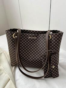 Bolsa Tote de Ombro com Bolsa de Moedas Padronagem Geométrica, Bolsa Feminina Elegante Estilo Dinheiro Antigo em