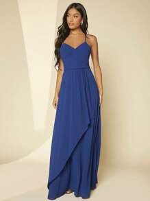 SHEIN Belle 素色褶邊緊身上衣吊帶裙伴娘禮服 - 藍色 - 查看 6