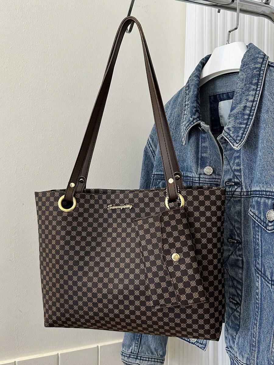 幾何樣式單肩托特包帶零錢包 - 咖啡棕 - 查看 1