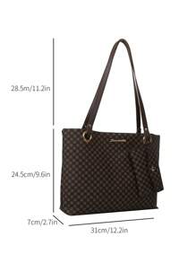 幾何樣式單肩托特包帶零錢包 - 咖啡棕 - 查看 4