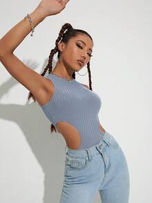 INAWLY Cut Out Waist Tank Top - Dusty Blue - View 2