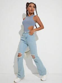 INAWLY Cut Out Waist Tank Top - Dusty Blue - View 3