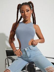 INAWLY Cut Out Waist Tank Top - Dusty Blue - View 4