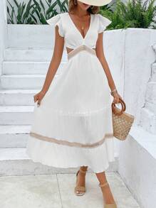 Breezaya Đầm Cắt ra Xù Buộc lại Khối Màu Giải trí - trắng - Xem 3