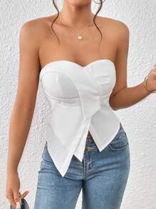 SHEIN Privé Solid Asymmetrical Hem Tube Top - White - View 1