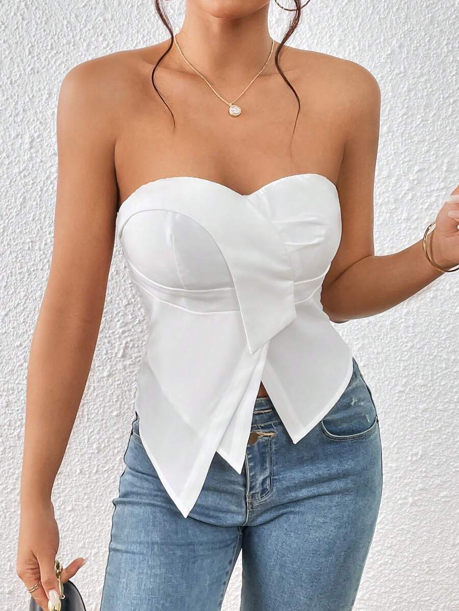 SHEIN Privé Solid Asymmetrical Hem Tube Top - White - View 1