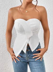 SHEIN Privé Solid Asymmetrical Hem Tube Top - White - View 3