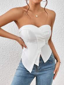 SHEIN Privé Solid Asymmetrical Hem Tube Top - White - View 4