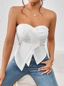SHEIN Privé Solid Asymmetrical Hem Tube Top - White - View 5