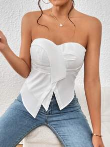 SHEIN Privé Solid Asymmetrical Hem Tube Top - White - View 6
