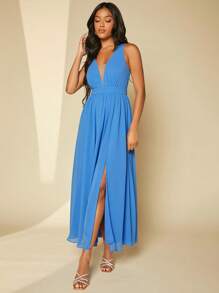 SHEIN Belle Plunge Neck Split Thigh Chiffon Dress - Blue - View 1