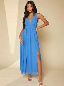 SHEIN Belle Plunge Neck Split Thigh Chiffon Dress - Blue - View 3