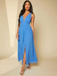 SHEIN Belle Plunge Neck Split Thigh Chiffon Dress - Blue - View 4