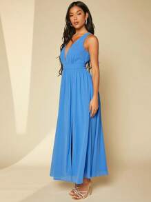 SHEIN Belle Plunge Neck Split Thigh Chiffon Dress - Blue - View 6