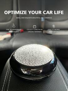 1pc Rhinestone Decor Dustproof ABS Car Coin Storage Box - Black - View 1