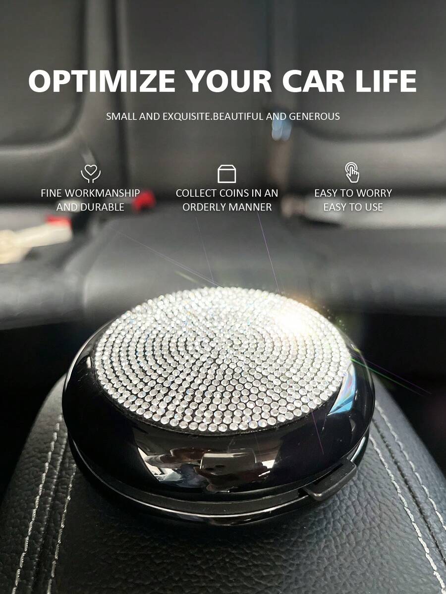 1pc Rhinestone Decor Dustproof ABS Car Coin Storage Box - Black - View 1