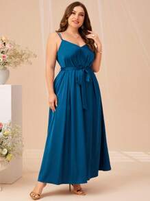 SHEIN Belle 大碼素色腰帶吊帶裙伴娘禮服 - 水鴨藍 - 查看 4