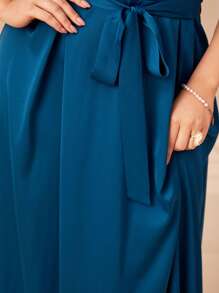 SHEIN Belle 大碼素色腰帶吊帶裙伴娘禮服 - 水鴨藍 - 查看 6
